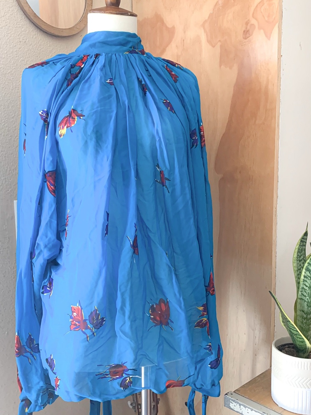 MSGM Bright Blue Floral High-Neck Blouse